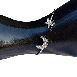 Rhinestone Silver Bangle Star Moon Celestial Bracelet Diamond open adjustable